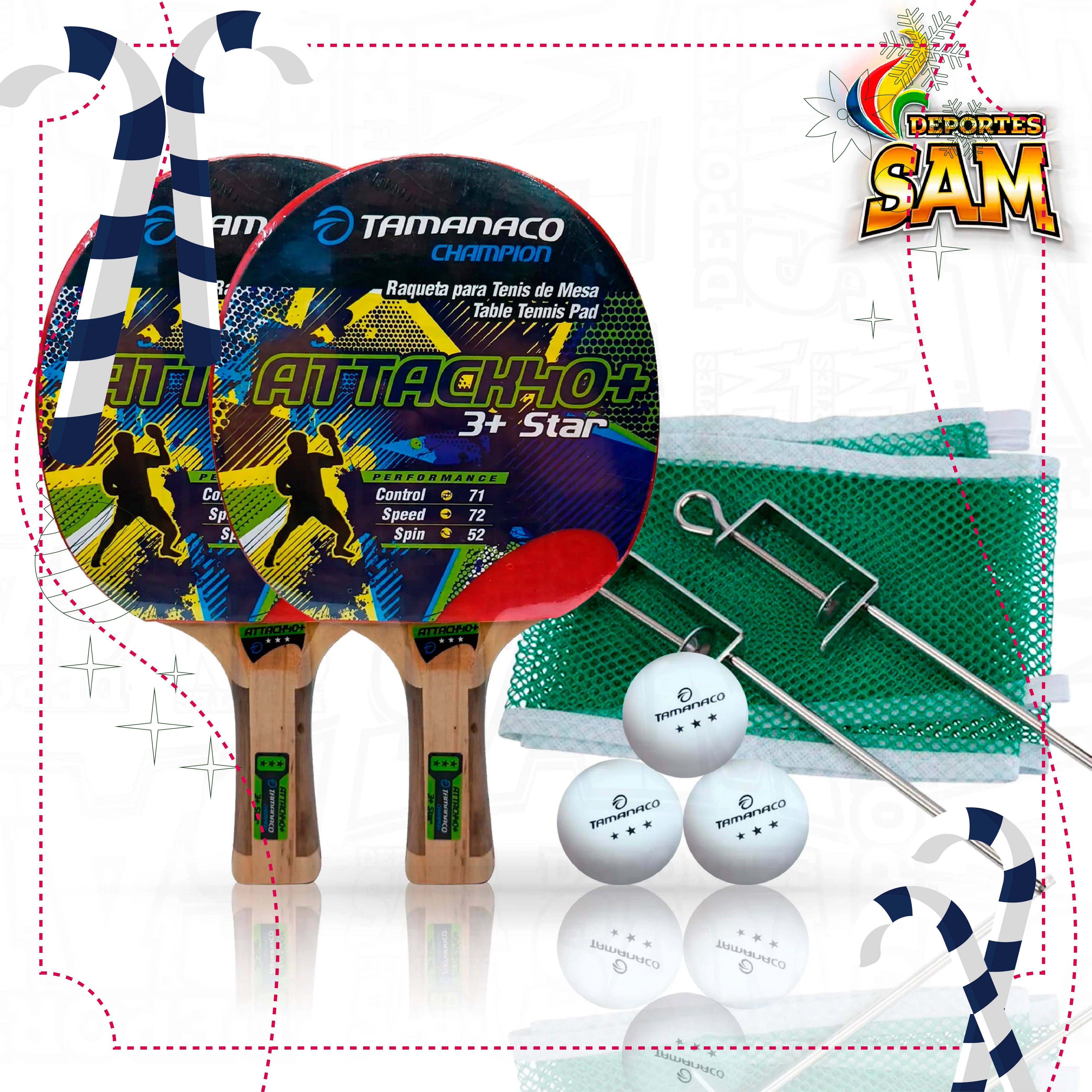 SET 2 RAQUETAS 3 BOLAS /MALLA Y PARAL PING PONG 3 ESTRELLAS TAMANACO